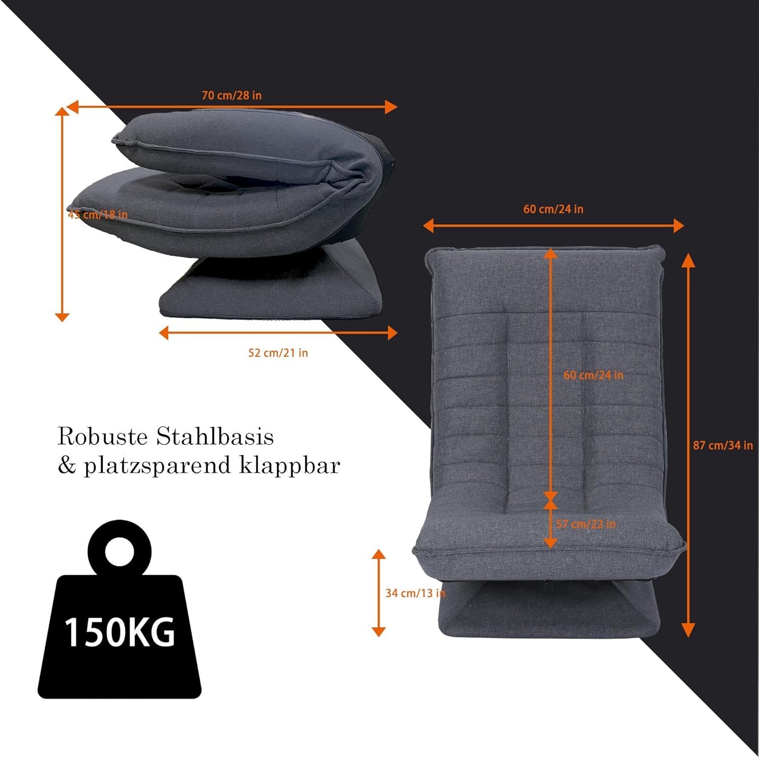 Bodenstuhl, 360° drehbar, verstellbare Rückenlehne, faltbar, Gaming-Freizeitsessel, Sofa, keine Montage erforderlich, bequem, Grau, Schwarz - Image 5