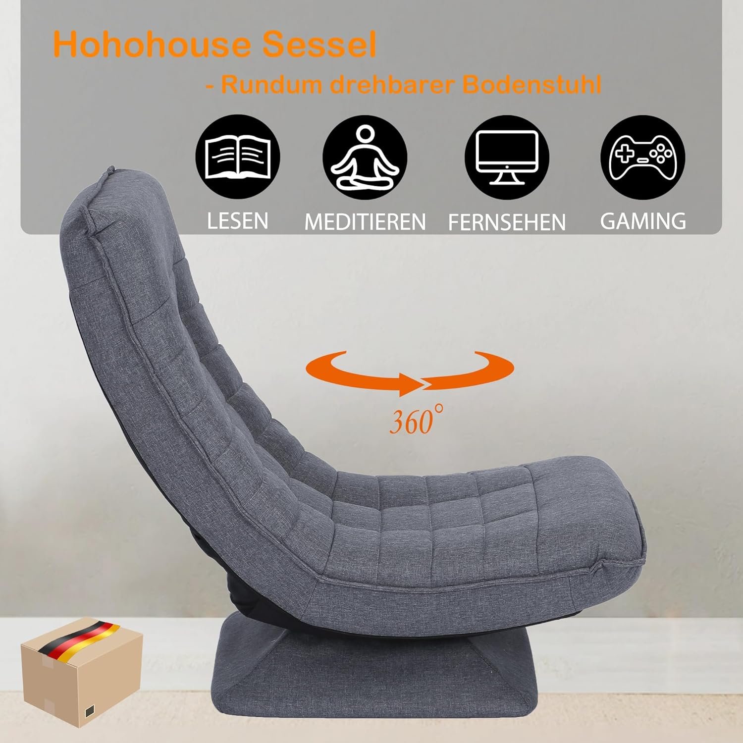 Bodenstuhl, 360° drehbar, verstellbare Rückenlehne, faltbar, Gaming-Freizeitsessel, Sofa, keine Montage erforderlich, bequem, Grau, Schwarz - Image 7