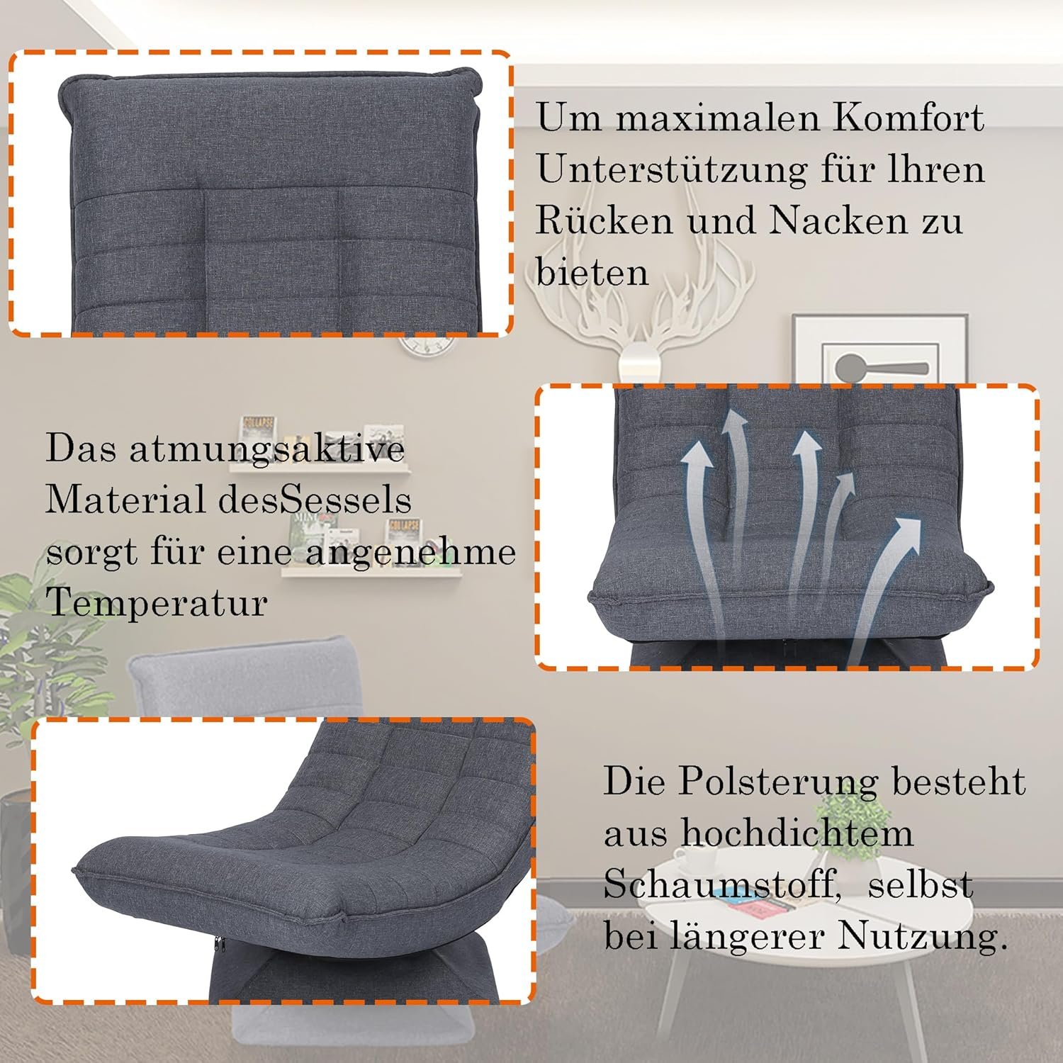 Bodenstuhl, 360° drehbar, verstellbare Rückenlehne, faltbar, Gaming-Freizeitsessel, Sofa, keine Montage erforderlich, bequem, Grau, Schwarz - Image 2