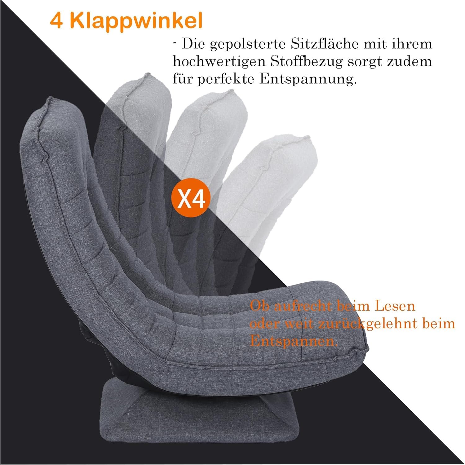 Bodenstuhl, 360° drehbar, verstellbare Rückenlehne, faltbar, Gaming-Freizeitsessel, Sofa, keine Montage erforderlich, bequem, Grau, Schwarz - Image 6