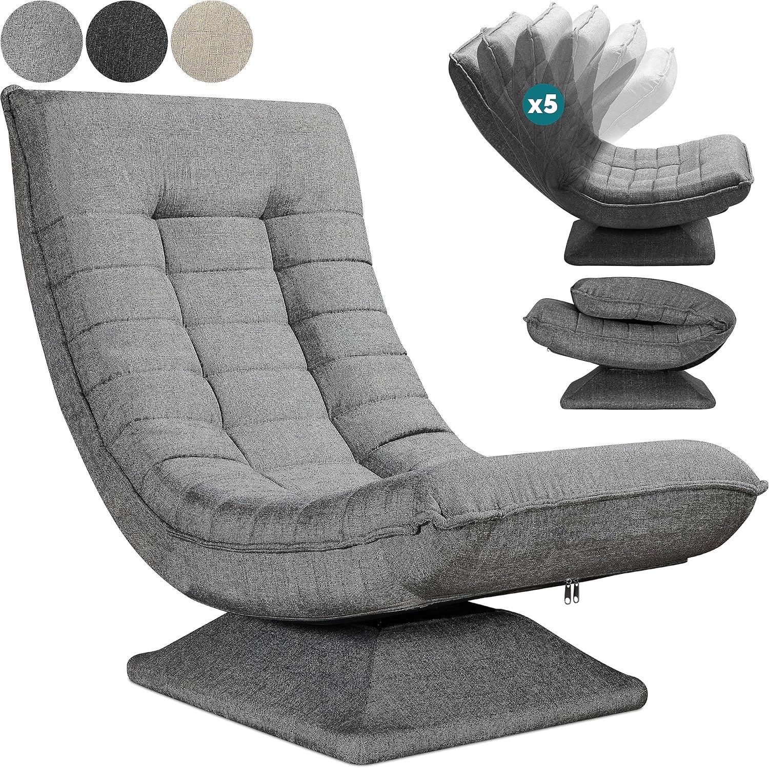 Bodenstuhl, 360° drehbar, verstellbare Rückenlehne, faltbar, Gaming-Freizeitsessel, Sofa, keine Montage erforderlich, bequem, Grau, Schwarz